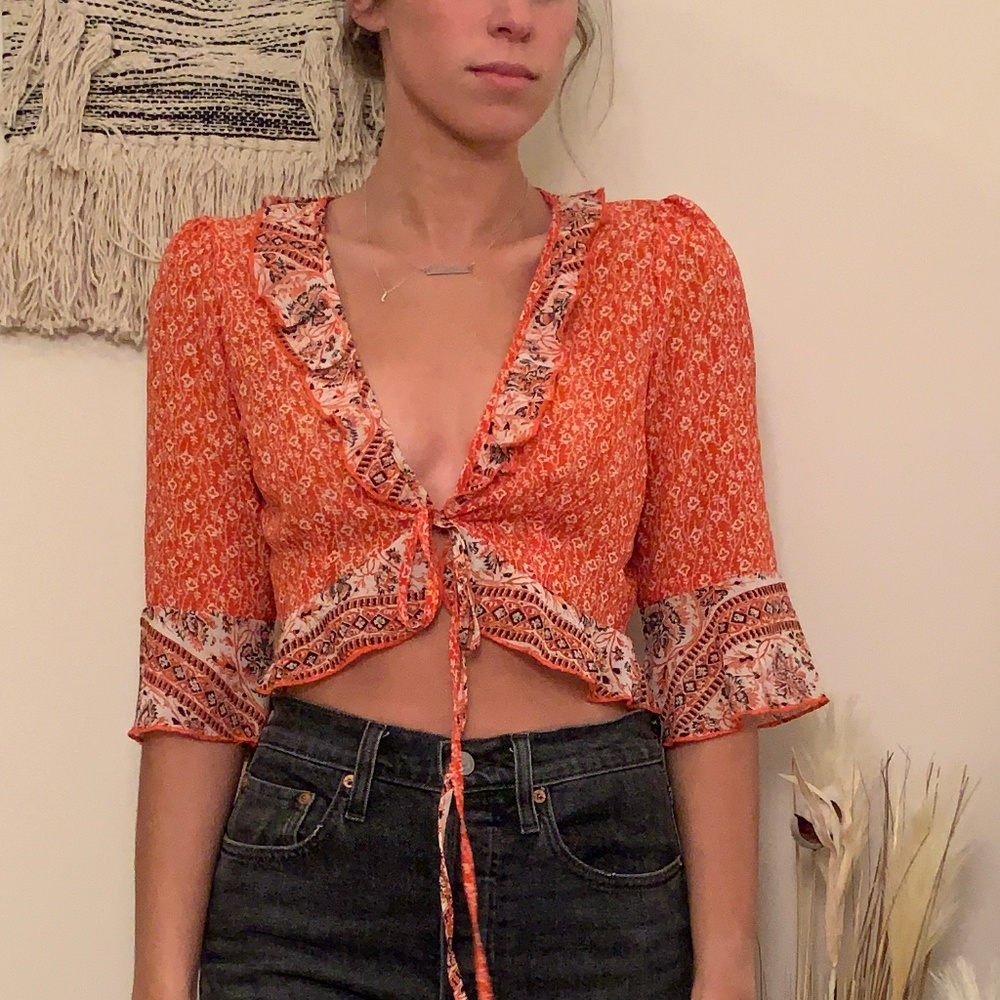 Princess Polly Tie Front Ruffle Orange Top - 4